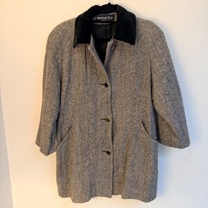 Vtg‎ Herringbone Wool Blend Coat Black Velvet Collar Grey Womens 12 Quiet Luxury
